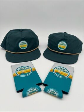 NWOT Sun Cruiser Iced Tea Vodka Snapback Teal Hats & Slim Can Coolers (Set of 2)